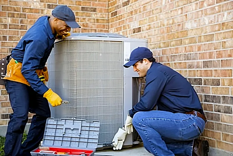 Two technicians installing outdoor ac unit | Blog | New AC Unit | Sunshine Heating & Air Conditioning